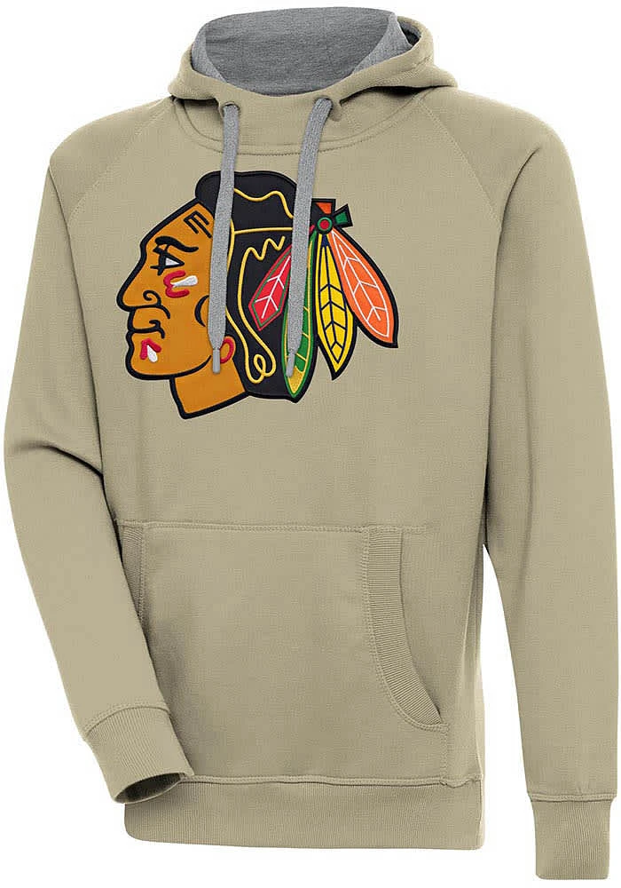 Antigua Chicago Blackhawks Mens Khaki Full Front Victory Long Sleeve Hoodie