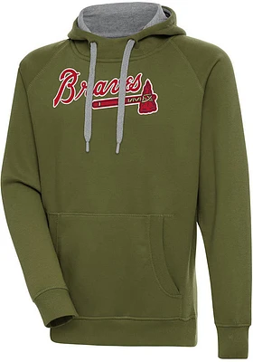 Antigua Atlanta Braves Mens Olive Full Front Victory Long Sleeve Hoodie
