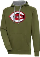 Antigua Cincinnati Reds Mens Olive Full Front Victory Long Sleeve Hoodie