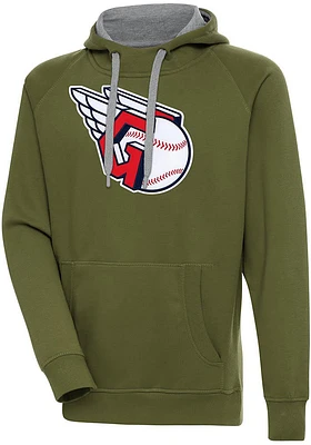 Antigua Cleveland Guardians Mens Olive Full Front Victory Long Sleeve Hoodie