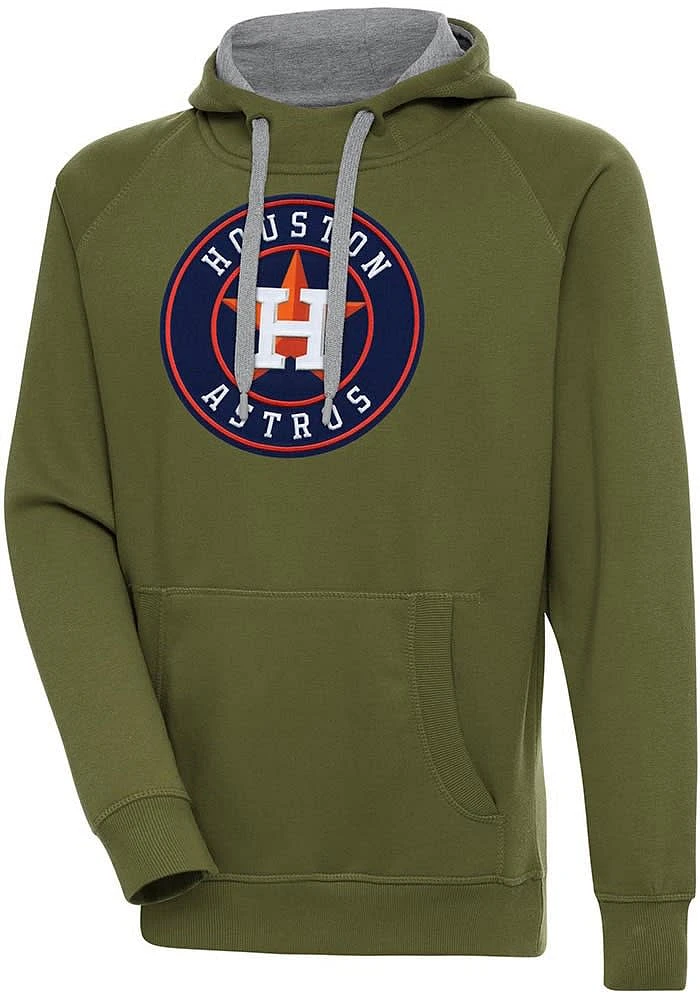 Antigua Houston Astros Mens Olive Full Front Victory Long Sleeve Hoodie