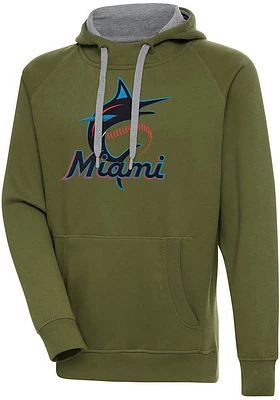 Antigua Miami Marlins Mens Olive Full Front Victory Long Sleeve Hoodie