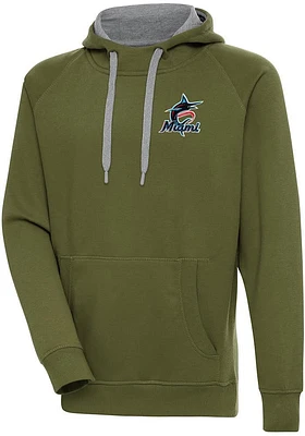Antigua Miami Marlins Mens Olive Victory Long Sleeve Hoodie