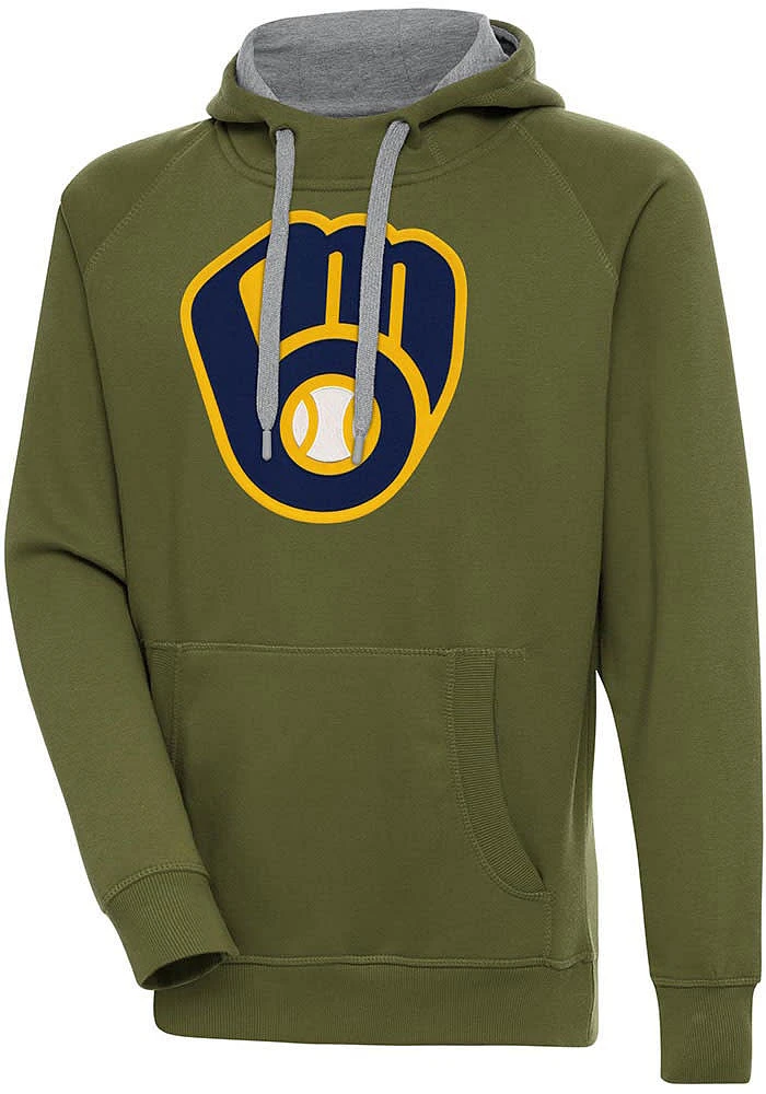 Antigua Milwaukee Brewers Mens Olive Full Front Victory Long Sleeve Hoodie