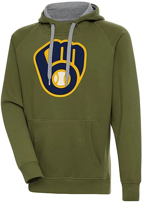 Antigua Milwaukee Brewers Mens Olive Full Front Victory Long Sleeve Hoodie