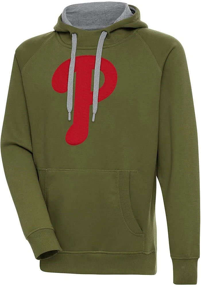 Antigua Philadelphia Phillies Mens Olive Full Front Victory Long Sleeve Hoodie