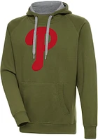 Antigua Philadelphia Phillies Mens Olive Full Front Victory Long Sleeve Hoodie