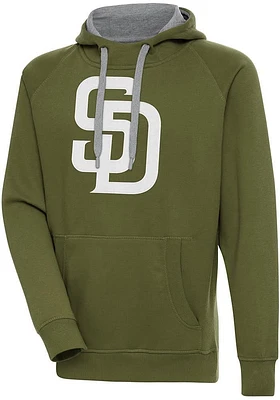 Antigua San Diego Padres Mens Olive Full Front Victory Long Sleeve Hoodie