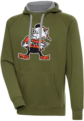 Antigua Cleveland Browns Mens Olive Full Front Classic Victory Long Sleeve Hoodie