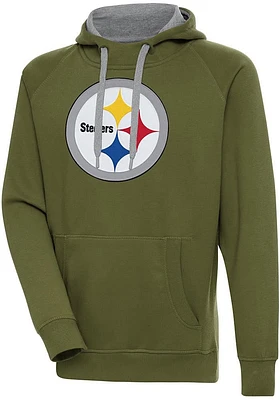 Antigua Pittsburgh Steelers Mens Olive Full Front Victory Long Sleeve Hoodie