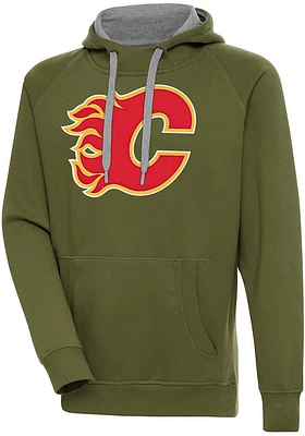 Antigua Calgary Flames Mens Olive Full Front Victory Long Sleeve Hoodie
