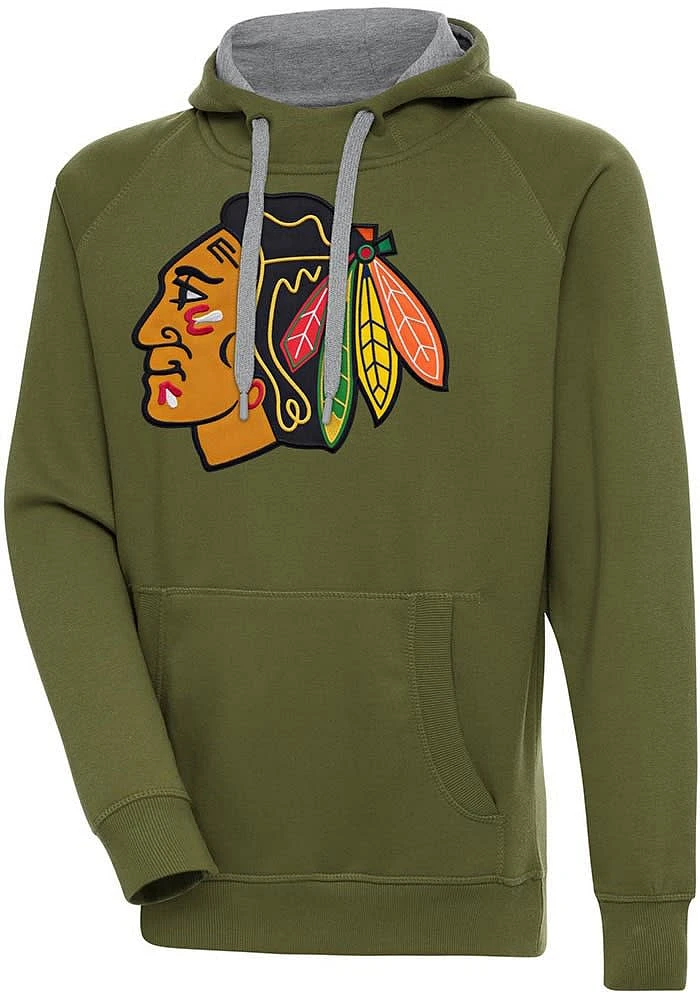 Antigua Chicago Blackhawks Mens Olive Full Front Victory Long Sleeve Hoodie