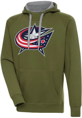 Antigua Columbus Blue Jackets Mens Olive Full Front Victory Long Sleeve Hoodie