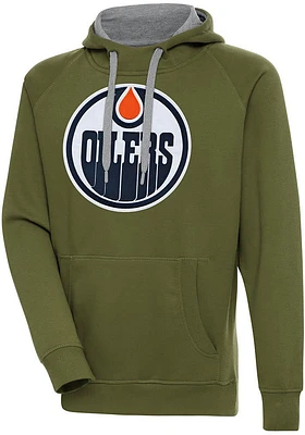 Antigua Edmonton Oilers Mens Olive Full Front Victory Long Sleeve Hoodie