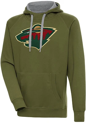Antigua Minnesota Wild Mens Olive Full Front Victory Long Sleeve Hoodie