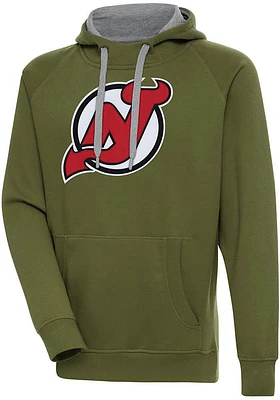 Antigua New Jersey Devils Mens Olive Full Front Victory Long Sleeve Hoodie