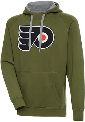 Antigua Philadelphia Flyers Mens Olive Full Front Victory Long Sleeve Hoodie