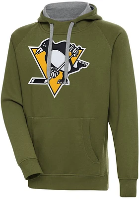 Antigua Pittsburgh Penguins Mens Olive Full Front Victory Long Sleeve Hoodie