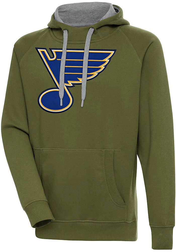 Antigua St Louis Blues Mens Olive Full Front Victory Long Sleeve Hoodie