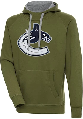Antigua Vancouver Canucks Mens Olive Full Front Dark Victory Long Sleeve Hoodie