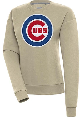 Antigua Chicago Cubs Womens Khaki Full Front Victory Crew Sweatshirt