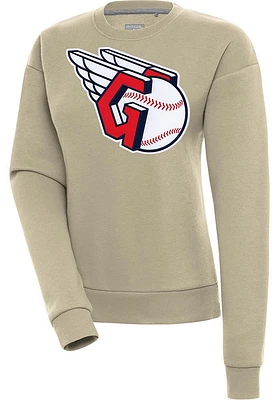 Antigua Cleveland Guardians Womens Khaki Full Front Victory Crew Sweatshirt