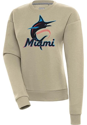 Antigua Miami Marlins Womens Khaki Full Front Victory Crew Sweatshirt