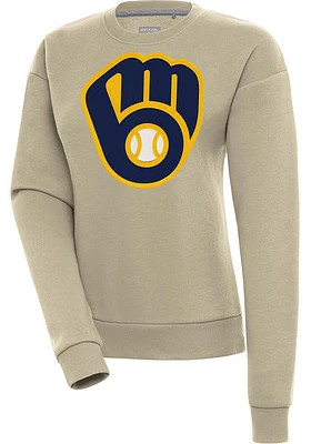 Antigua Milwaukee Brewers Womens Khaki Full Front Victory Crew Sweatshirt