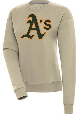 Antigua Oakland Athletics Womens Khaki Full Front Victory Crew Sweatshirt