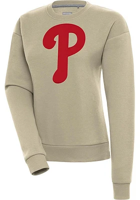 Antigua Philadelphia Phillies Womens Khaki Full Front Victory Crew Sweatshirt