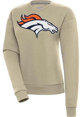 Antigua Denver Broncos Womens Khaki Full Front Victory Crew Sweatshirt