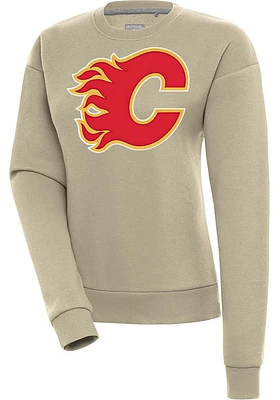 Antigua Calgary Flames Womens Khaki Full Front Victory Crew Sweatshirt