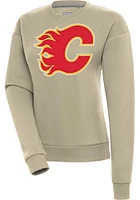Antigua Calgary Flames Womens Khaki Full Front Victory Crew Sweatshirt