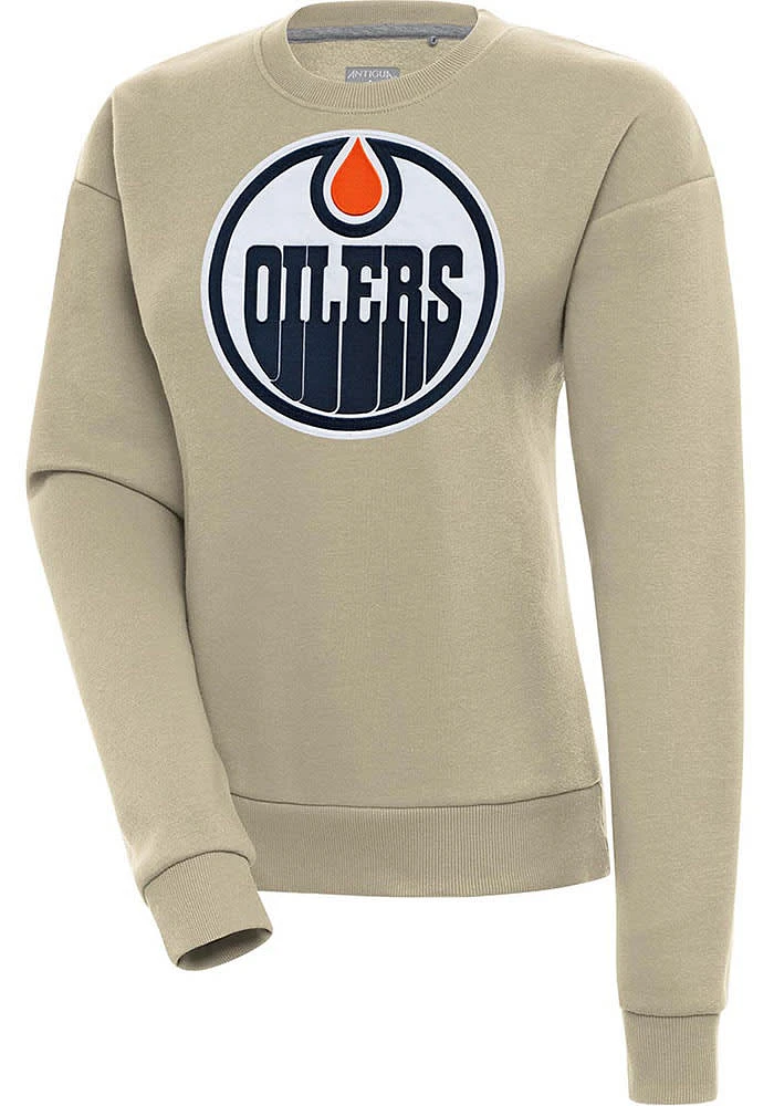 Antigua Edmonton Oilers Womens Khaki Full Front Victory Crew Sweatshirt