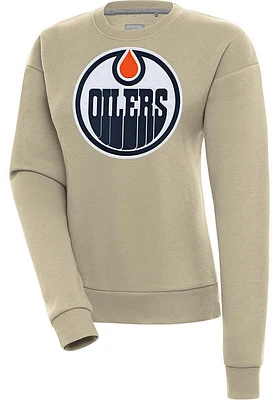 Antigua Edmonton Oilers Womens Khaki Full Front Victory Crew Sweatshirt