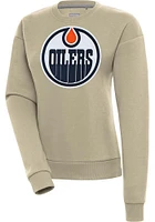 Antigua Edmonton Oilers Womens Khaki Full Front Victory Crew Sweatshirt
