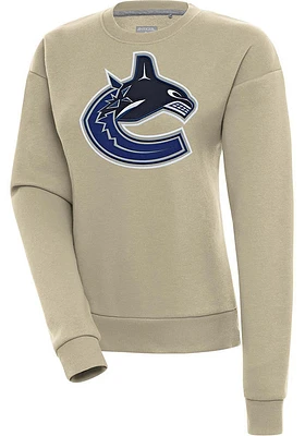 Antigua Vancouver Canucks Womens Khaki Full Front Victory Crew Sweatshirt