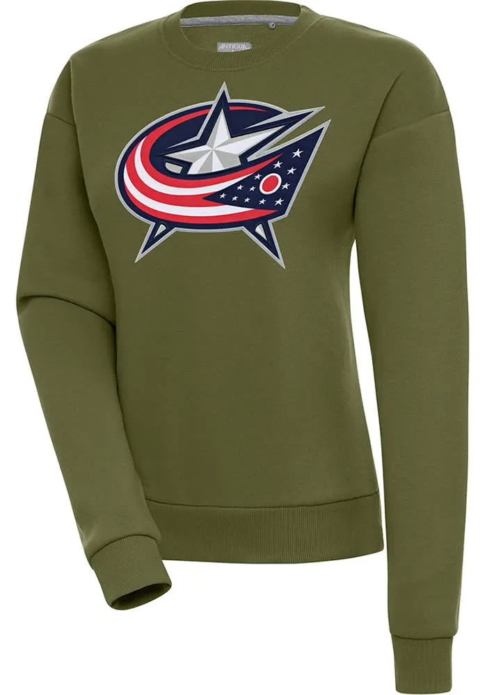 Antigua Columbus Blue Jackets Womens Olive Full Front Victory Crew Sweatshirt