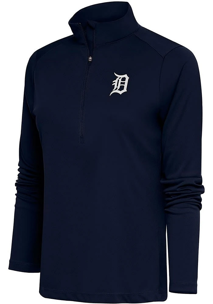 Antigua Detroit Tigers Womens Navy Blue Metallic Logo Tribute Qtr Zip Pullover