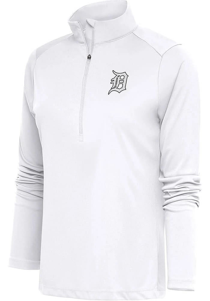 Antigua Detroit Tigers Womens White Metallic Logo Tribute Qtr Zip Pullover