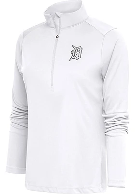 Antigua Detroit Tigers Womens White Metallic Logo Tribute Qtr Zip Pullover