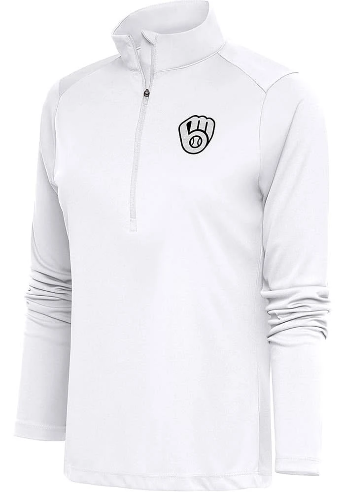 Antigua Milwaukee Brewers Womens White Metallic Logo Tribute Qtr Zip Pullover