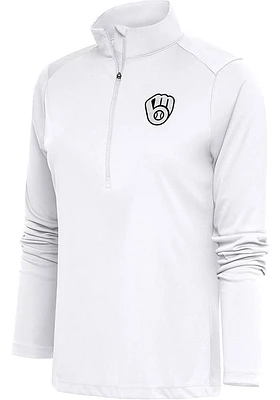 Antigua Milwaukee Brewers Womens White Metallic Logo Tribute Qtr Zip Pullover