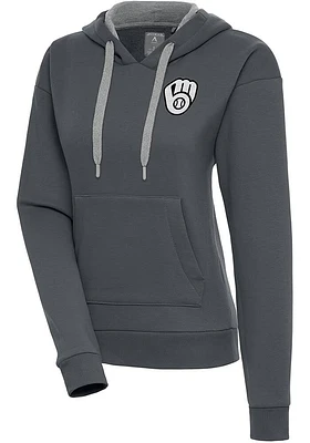 Antigua Milwaukee Brewers Womens Charcoal Metallic Logo Victory Hooded Sweatshirt