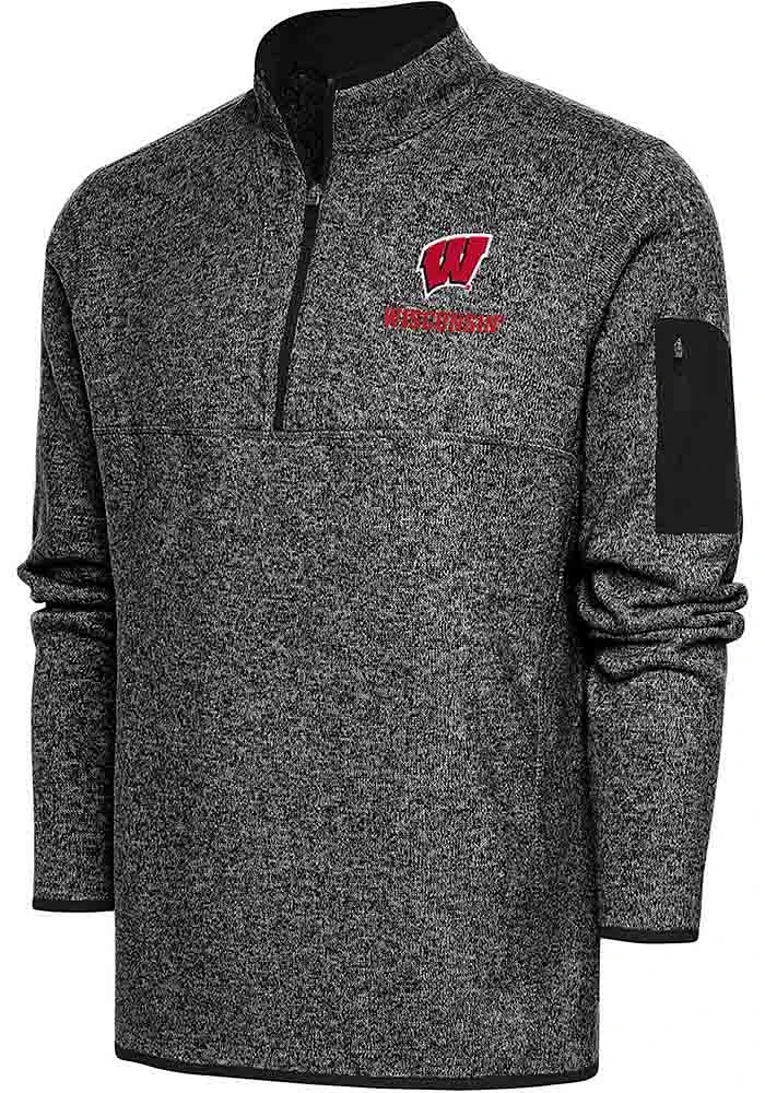 Mens Wisconsin Badgers Black Antigua Fortune Qtr Zip Pullover