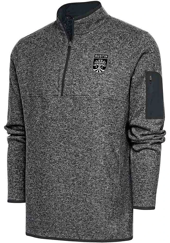Antigua Austin FC Mens Grey Metallic Logo Fortune Long Sleeve Qtr Zip Pullover
