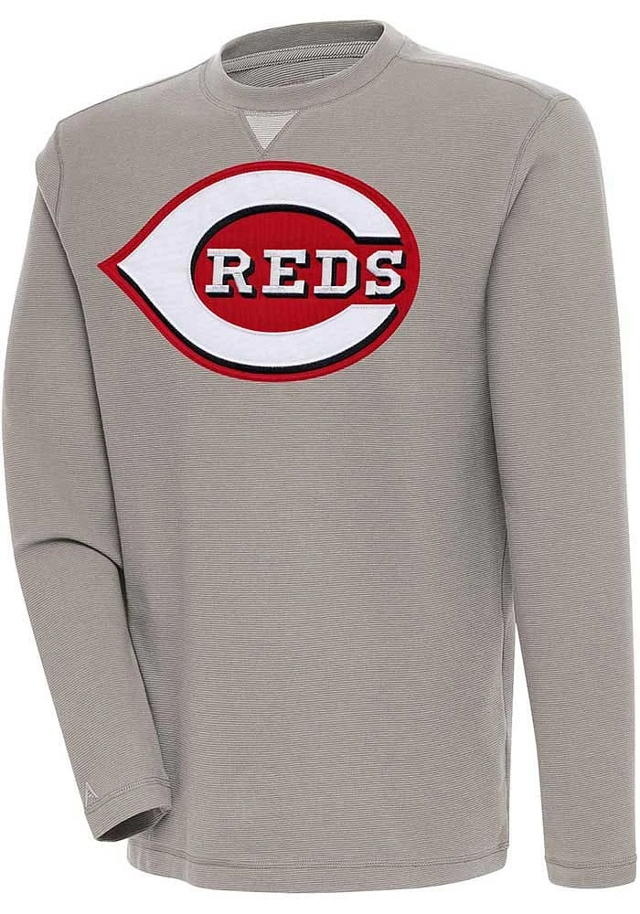 Antigua Cincinnati Reds Mens Oatmeal Full Front Flier Bunker Long Sleeve Crew Sweatshirt