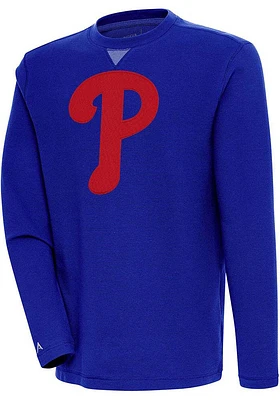 Antigua Philadelphia Phillies Mens Blue Full Front Flier Bunker Long Sleeve Crew Sweatshirt