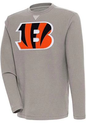 Antigua Cincinnati Bengals Mens Oatmeal Full Front Alternate Flier Bunker Long Sleeve Crew Sweat..