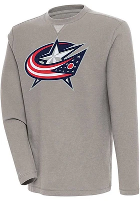 Antigua Columbus Blue Jackets Mens Oatmeal Full Front Flier Bunker Long Sleeve Crew Sweatshirt